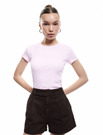 Crop Bisiklet Yaka Kısa Kollu Slim Fit Basic Kadın Tişört