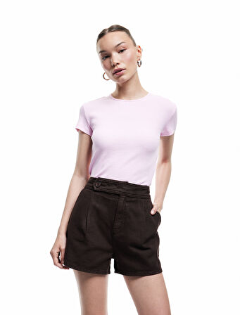 Crop Bisiklet Yaka Kısa Kollu Slim Fit Basic Kadın Tişört