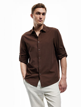 Uzun Kollu Pamuklu Regular Fit Kol Detaylı Klasik Gömlek