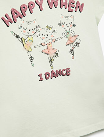 Kısa Kollu Bisiklet Yaka Kedi Baskılı Pamuklu Tişört