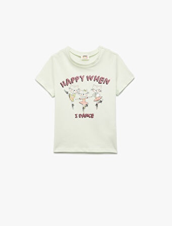 Kısa Kollu Bisiklet Yaka Kedi Baskılı Pamuklu Tişört