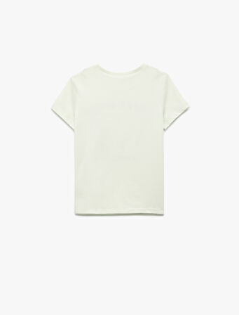 Kısa Kollu Bisiklet Yaka Kedi Baskılı Pamuklu Tişört