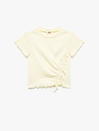 Pamuklu Büzgü Detaylı Bisiklet Yaka Kısa Kollu Crop Tişört