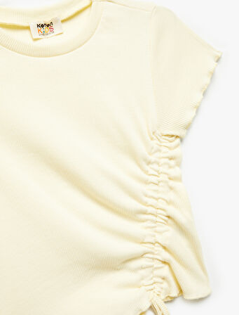 Pamuklu Büzgü Detaylı Bisiklet Yaka Kısa Kollu Crop Tişört