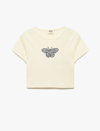 Kelebek Baskılı Kısa Kollu Bisiklet Yaka Pamuklu Tişört