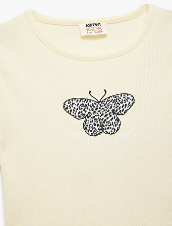 Kelebek Baskılı Kısa Kollu Bisiklet Yaka Pamuklu Tişört