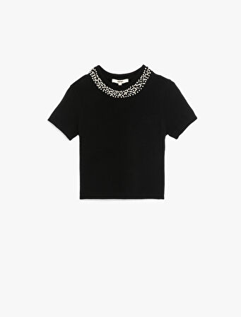 Viskon Karışımlı Boncuk Detaylı Kısa Kollu Triko Kazak