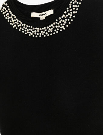 Viskon Karışımlı Boncuk Detaylı Kısa Kollu Triko Kazak