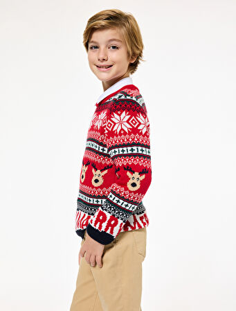 Bisiklet Yaka Uzun Kollu Yılbaşı Desenli Triko Kazak