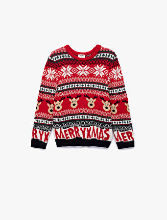 Bisiklet Yaka Uzun Kollu Yılbaşı Desenli Triko Kazak