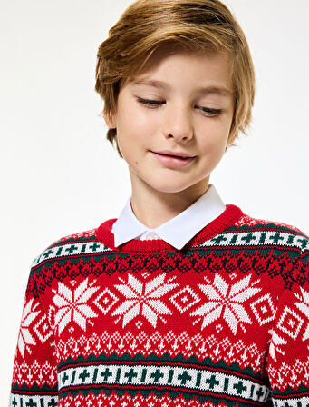 Bisiklet Yaka Uzun Kollu Yılbaşı Desenli Triko Kazak