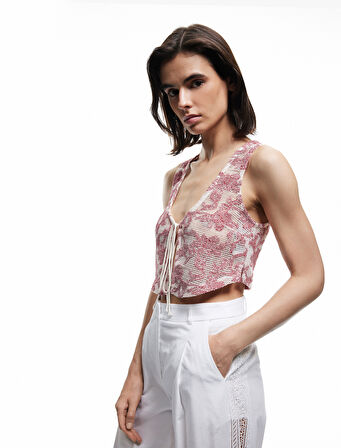 Koton X Melis Ağazat - Slim Fit Pamuklu Önden Bağlama Detaylı Fiyonklu Çiçekli Kroşe Crop Yelek