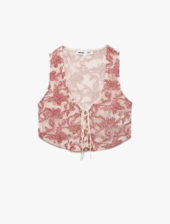 Koton X Melis Ağazat - Slim Fit Pamuklu Önden Bağlama Detaylı Fiyonklu Çiçekli Kroşe Crop Yelek