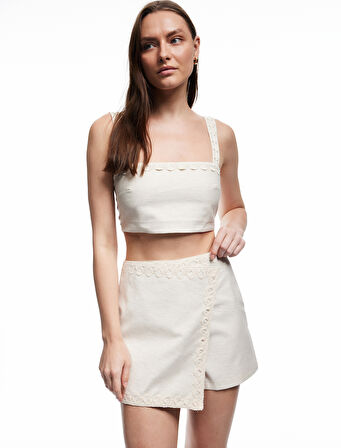 Koton X Melis Ağazat - Astarlı Keten Karışımlı Kolsuz Kare Yaka Çiçekli Askılı Crop Büstiyer