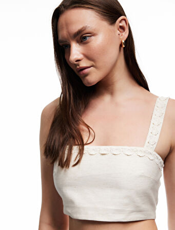 Koton X Melis Ağazat - Astarlı Keten Karışımlı Kolsuz Kare Yaka Çiçekli Askılı Crop Büstiyer