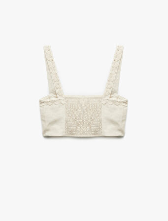 Koton X Melis Ağazat - Astarlı Keten Karışımlı Kolsuz Kare Yaka Çiçekli Askılı Crop Büstiyer