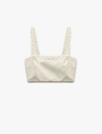 Koton X Melis Ağazat - Astarlı Keten Karışımlı Kolsuz Kare Yaka Çiçekli Askılı Crop Büstiyer