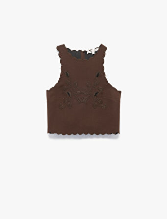 Halter Yaka Kolsuz Nakış Detaylı Viskon Keten Karışımlı Crop Bluz