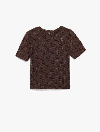 Slim Fit Kısa Kollu Kayık Yaka Ajurlu Kroşe Crop Tişört