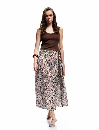 Pamuklu Etnik Desenli Pileli Bağlama Detaylı Boncuklu Midi Boy Kloş Etek