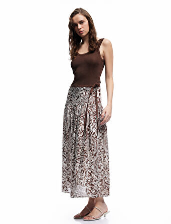 Pamuklu Etnik Desenli Pileli Bağlama Detaylı Boncuklu Midi Boy Kloş Etek