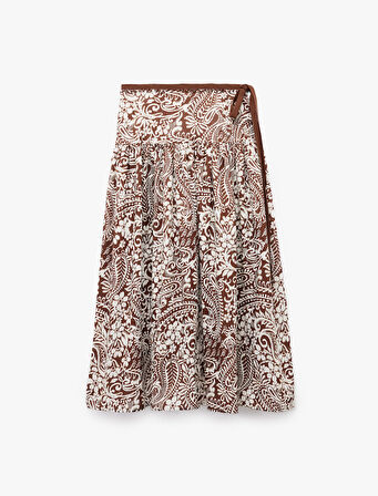 Pamuklu Etnik Desenli Pileli Bağlama Detaylı Boncuklu Midi Boy Kloş Etek