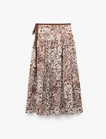 Pamuklu Etnik Desenli Pileli Bağlama Detaylı Boncuklu Midi Boy Kloş Etek