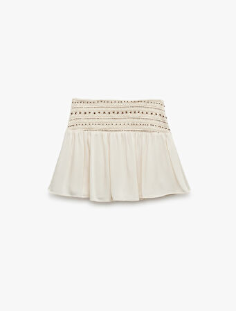 Viskon Kumaş Kroşe Detaylı Boncuk İşlemeli Mini Kloş Etek