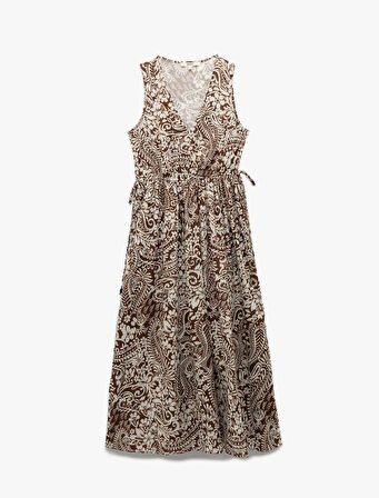 Pamuklu Bağlama Detaylı Kolsuz Midi Boy V Yaka Çiçekli Elbise