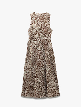 Pamuklu Bağlama Detaylı Kolsuz Midi Boy V Yaka Çiçekli Elbise