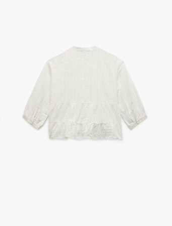 Kısa Kollu V Yaka Pamuklu Düğmeli Brodeli Bluz