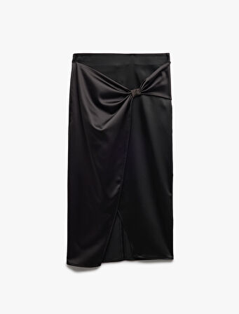 Kruvaze Yırtmaç Detaylı Slim Fit Saten Midi Etek