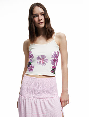 Pamuklu Çiçekli Kolsuz Askılı Pullu Payetli Crop Bluz