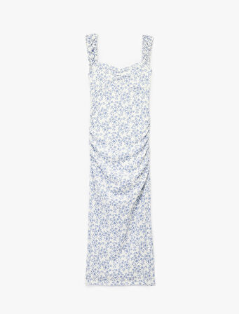 Kalp Yaka Kısa Kollu Sırt Detaylı Çiçekli Yırtmaçlı Slim Fit Maxi Elbise