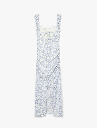 Kalp Yaka Kısa Kollu Sırt Detaylı Çiçekli Yırtmaçlı Slim Fit Maxi Elbise