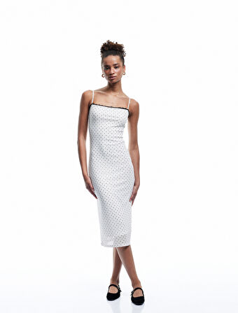 Kare Yaka Askılı Puantiyeli Dantelli Tül Midi Elbise