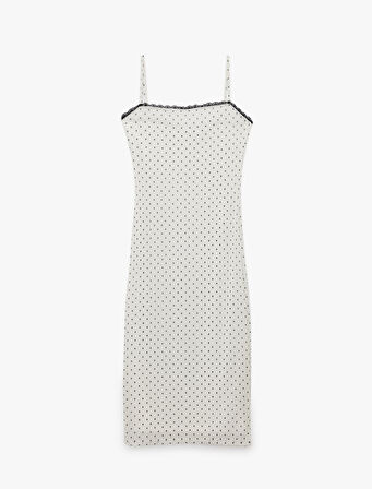 Kare Yaka Askılı Puantiyeli Dantelli Tül Midi Elbise