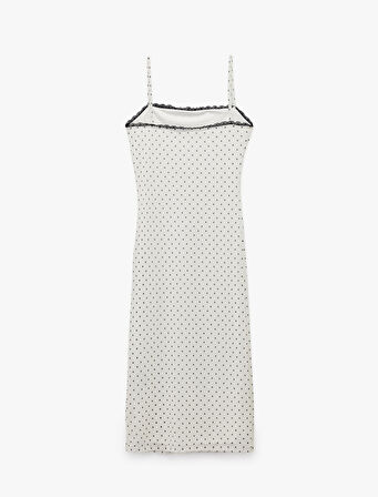 Kare Yaka Askılı Puantiyeli Dantelli Tül Midi Elbise