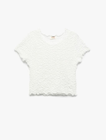 Bisiklet Yaka Kısa Kollu Dokulu Crop Tişört