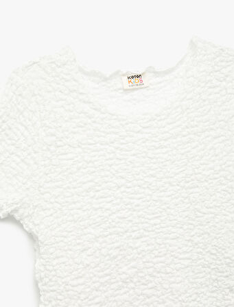 Bisiklet Yaka Kısa Kollu Dokulu Crop Tişört