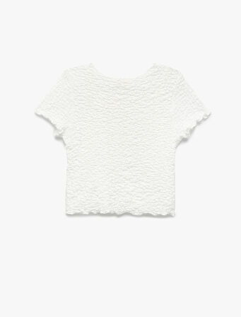 Bisiklet Yaka Kısa Kollu Dokulu Crop Tişört