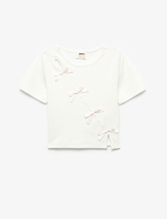 Fiyonk Detaylı Kısa Kollu Bisiklet Yaka Crop Tişört