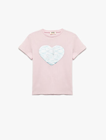 Pamuklu Kalp Desenli Pullu Payetli Kısa Kollu Bisiklet Yaka Tişört