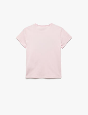 Pamuklu Kalp Desenli Pullu Payetli Kısa Kollu Bisiklet Yaka Tişört