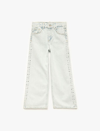 Pamuklu Normal Bel Zımba Detaylı  Geniş Paça Denim Pantolon - Wide Leg Jeans