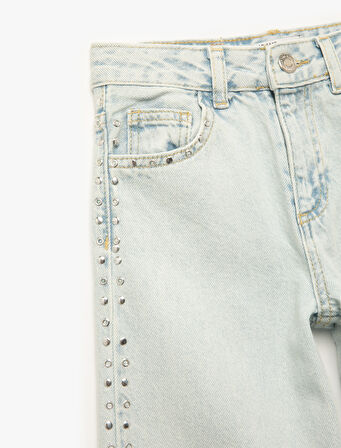 Pamuklu Normal Bel Zımba Detaylı  Geniş Paça Denim Pantolon - Wide Leg Jeans