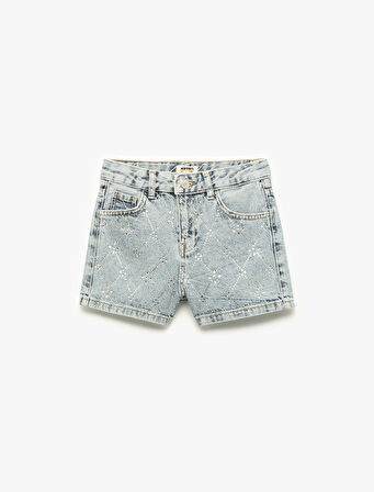 Pamuklu Slim Fit Taş Detaylı Denim Şort