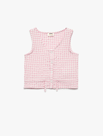 V Yaka Düğmeli Kolsuz Pötikare Bluz