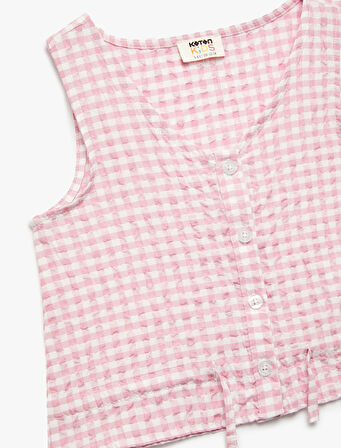 V Yaka Düğmeli Kolsuz Pötikare Bluz