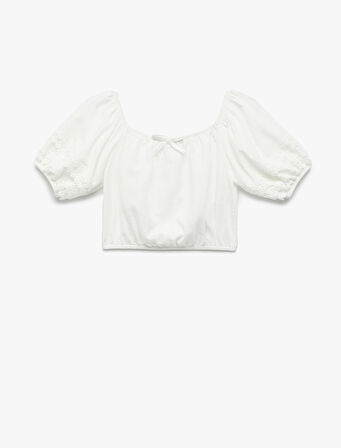 Dantel Detaylı Kısa Kollu Kayık Yaka Viskon Karışımlı Bluz